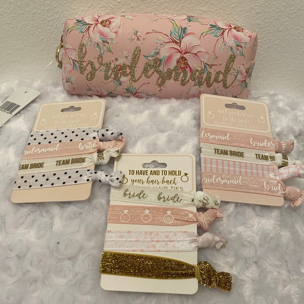 Bride/Bridesmaid Pink Floral Mini Cosmetic Bag & Hair Ties - Picture 1 of 6